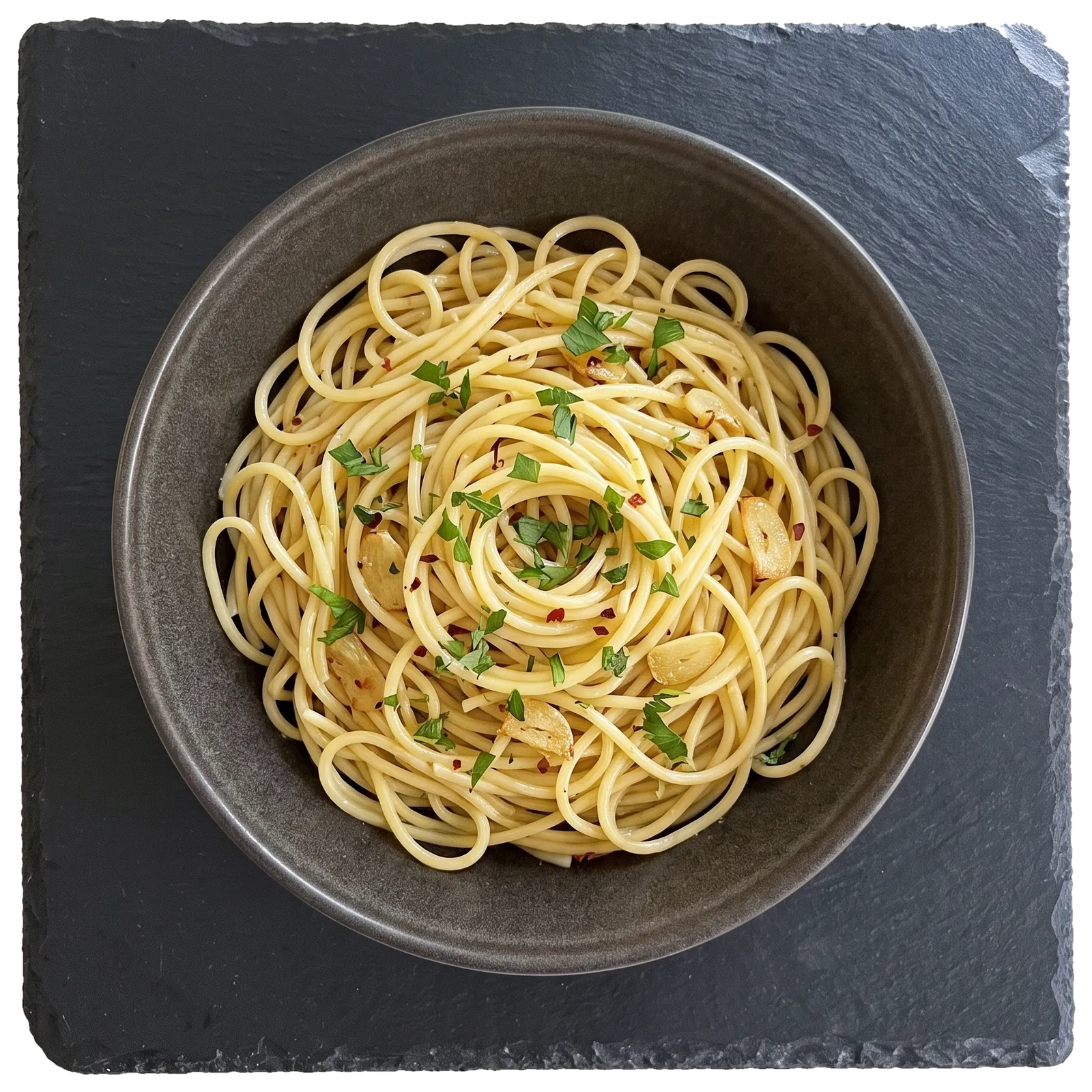 Spaghetti mit Knoblauch, Olivenöl und Petersilie in einer dunklen Schale auf einer Schieferplatte