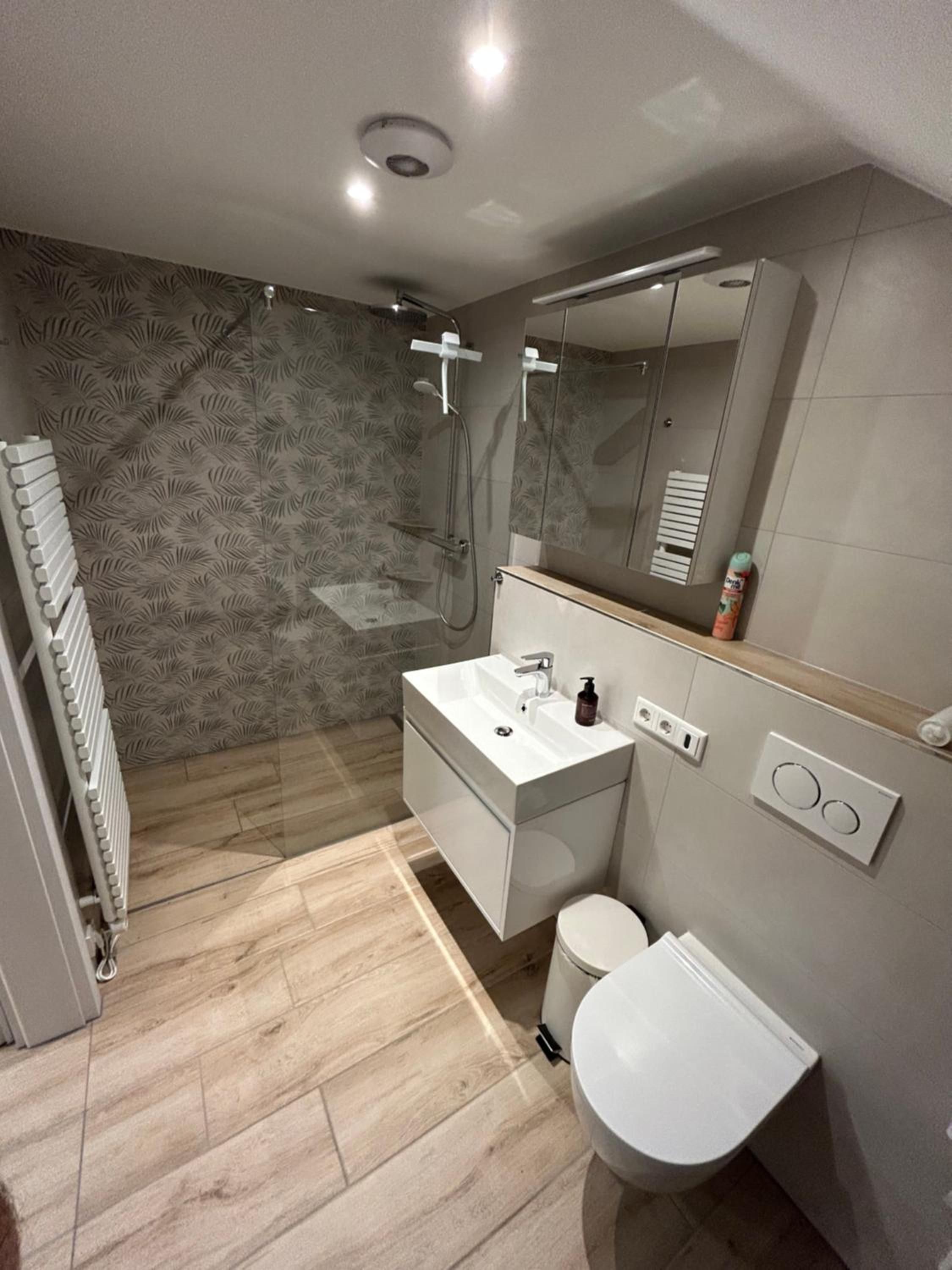 Bad im Apartment mit bodengleicher Dusche, Waschtisch, Spiegelschrank und WC