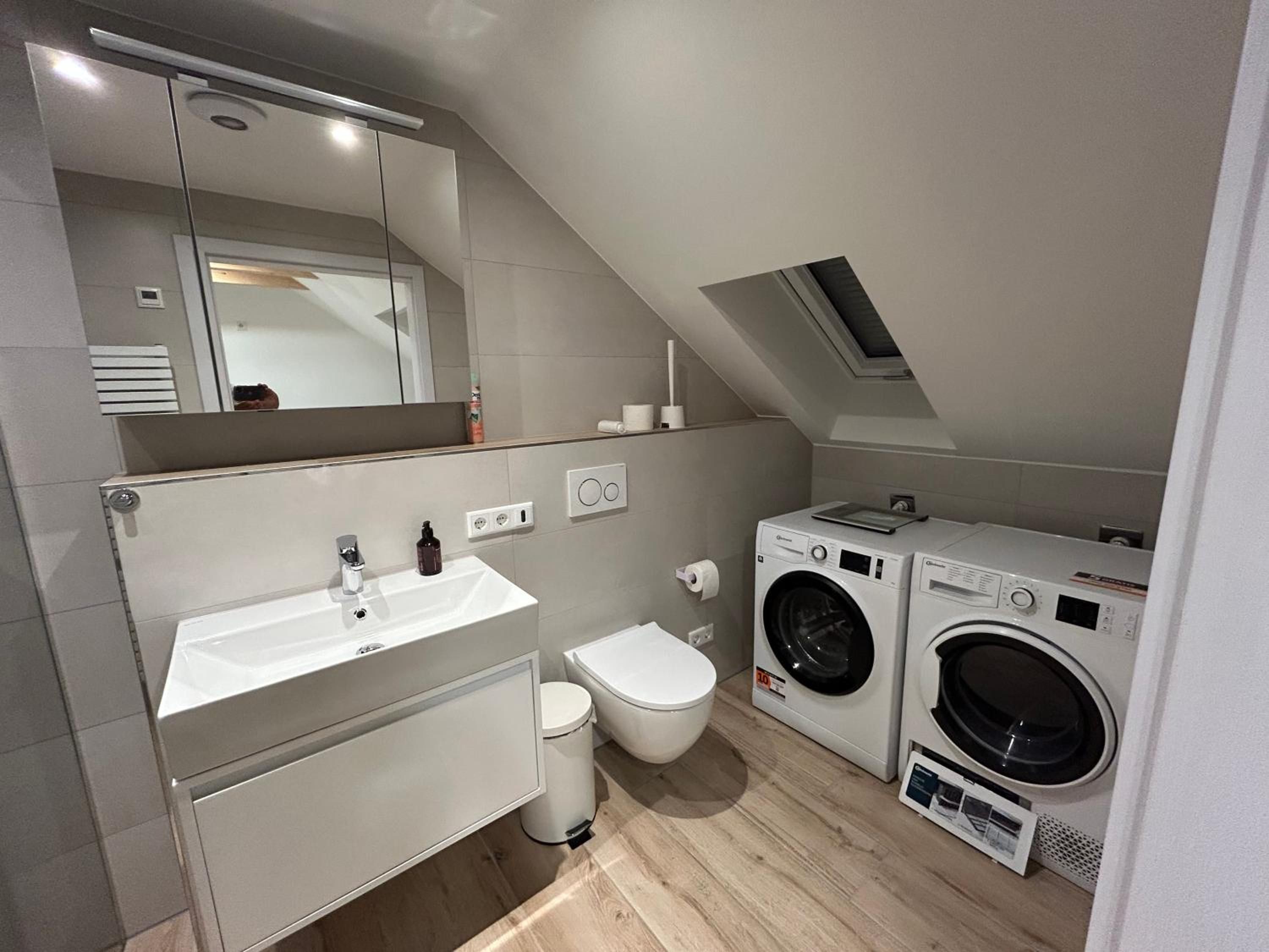 Bad im Apartment: Waschtisch und WC, unter der Dachschräge Waschmaschine und Trockner