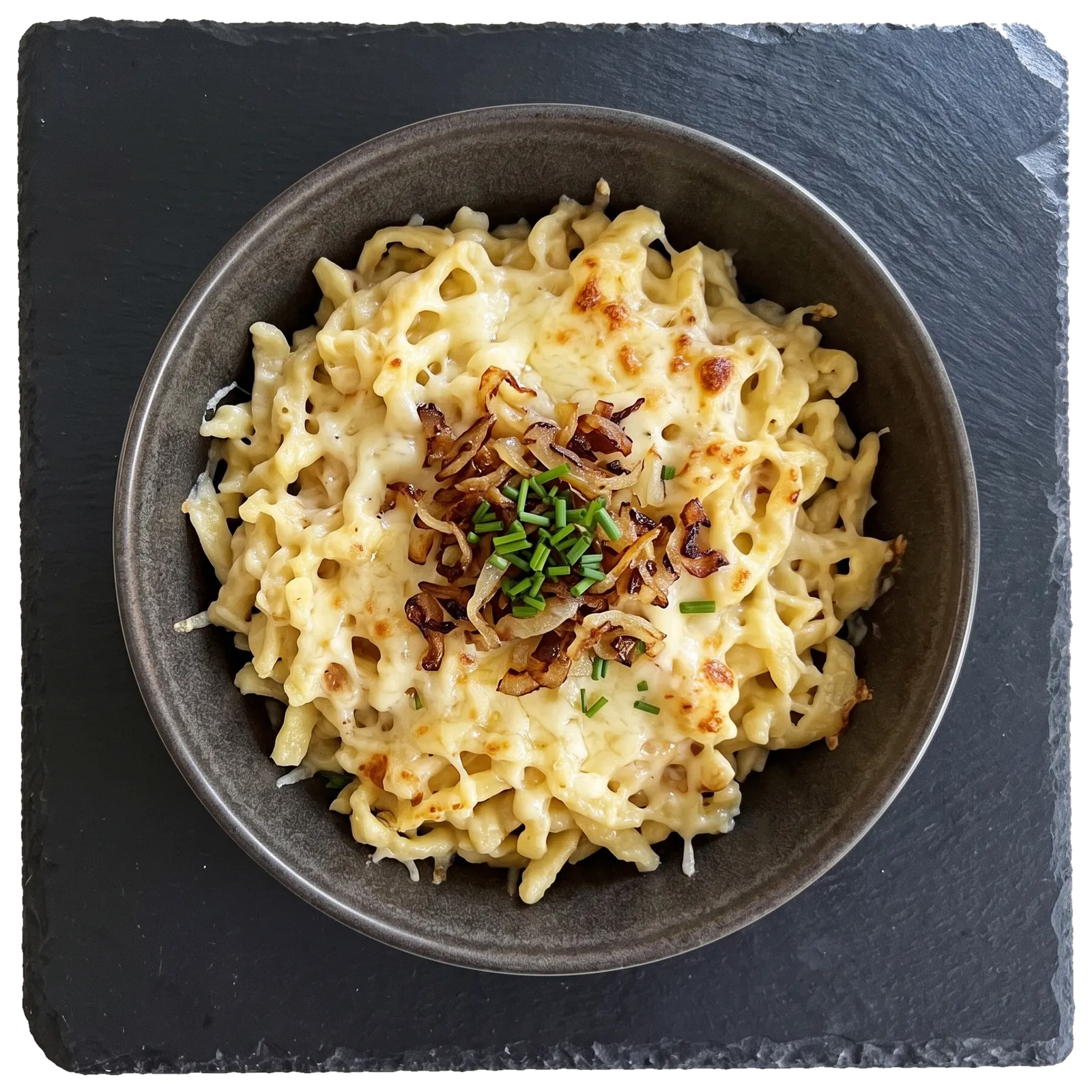 Käsespätzle mit Röstzwiebeln und Schnittlauch in einer dunklen Schale auf einer Schieferplatte