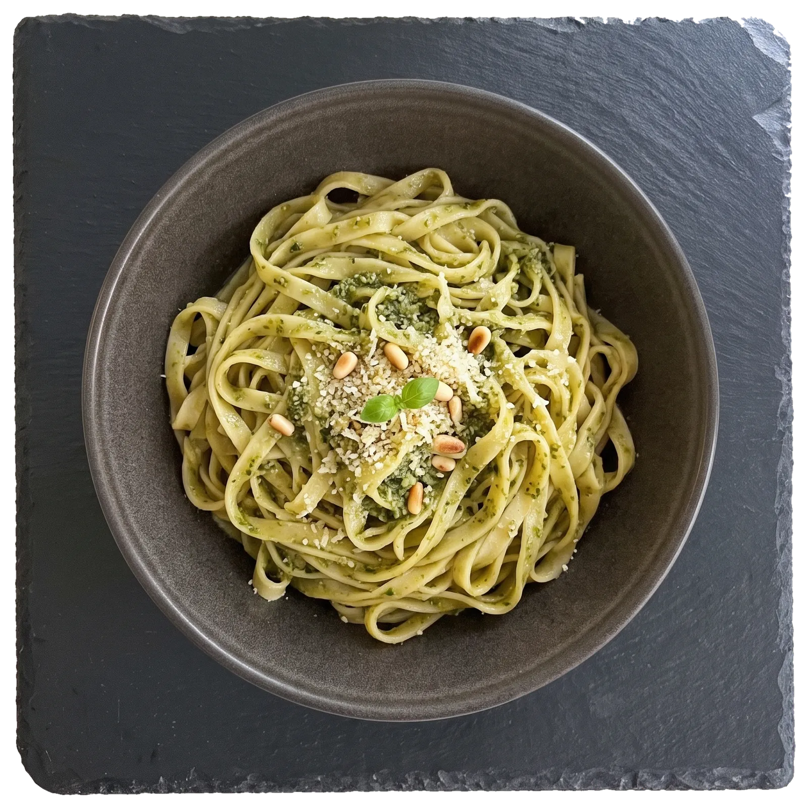 Bandnudeln mit grünem Pesto, Pinienkernen und geriebenem Käse in einer dunklen Schale auf einer Schieferplatte