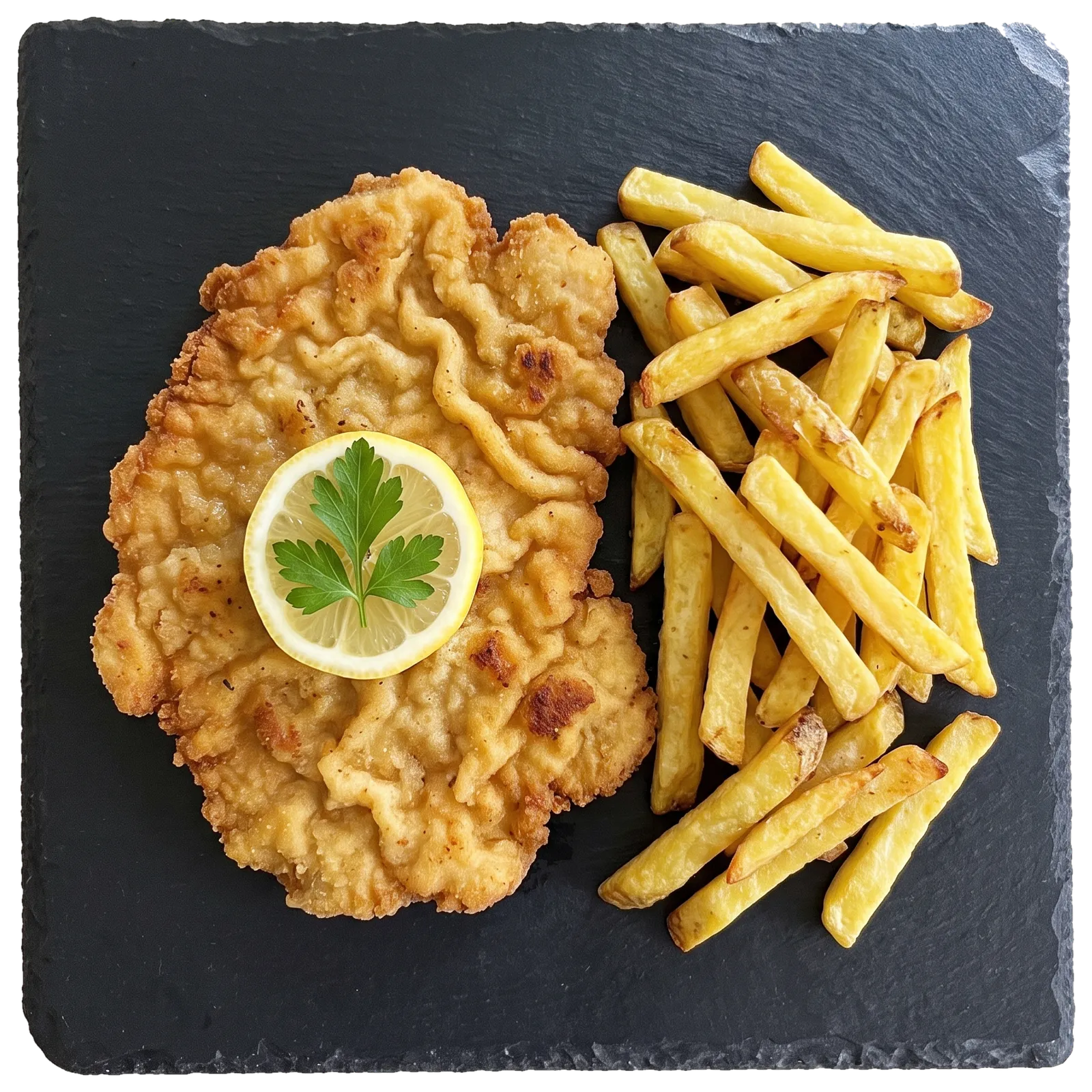 Paniertes Schnitzel mit einer Zitronenscheibe und Pommes auf einer Schieferplatte