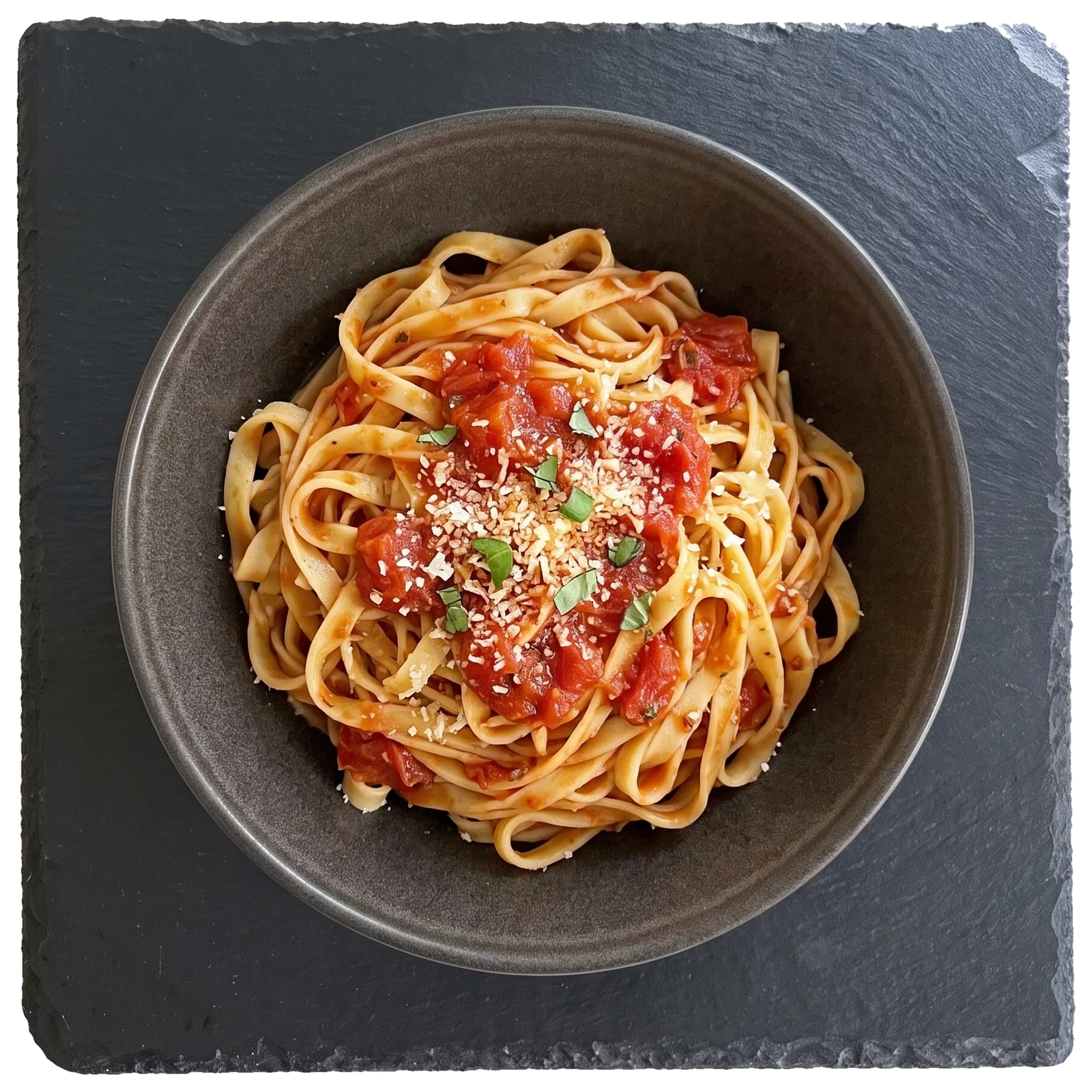 Bandnudeln mit Tomatensauce, geriebenem Käse und Basilikum in einer dunklen Schale auf einer Schieferplatte